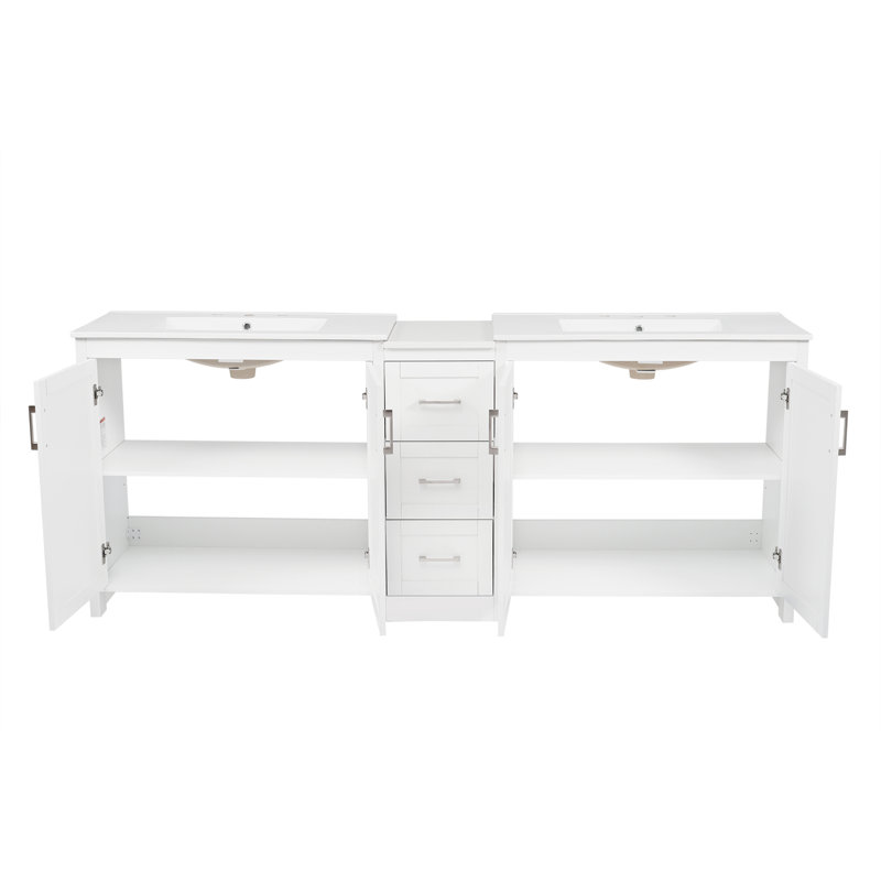 Meuble-lavabo double 84 po, 2 lavabos en céramique et comptoir en quartz 84 po, avec tablettes réglables et 3 tiroirs, grand espace de rangement, poignées en métal argenté et charnières à fermeture douce, blanc