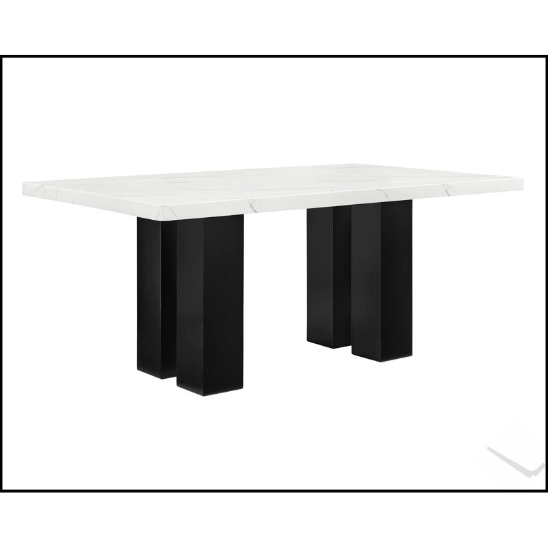 Table de salle à manger rectangulaire élégante en marbre blanc avec base en bois foncé pour les intérieurs modernes et traditionnels