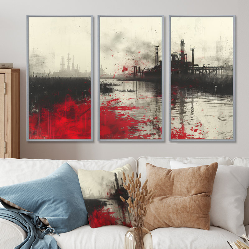 Ensemble de salon art mural rouge et noir, Toile argentée avec cadre flottant, H 28 po x l 36 po x P 1 po