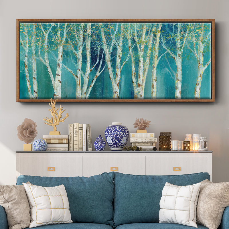 Bouleau sur toile bleue encadrée, H 20 po x l 50 po