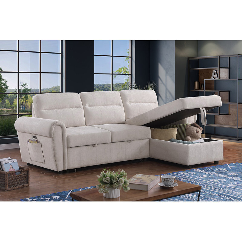 Ugo 97"W Beige Chenille Reversible Sleeper Sectional Sofa Chaise With USB Charger, Phone/Magazine Pockets, Beige Chenille