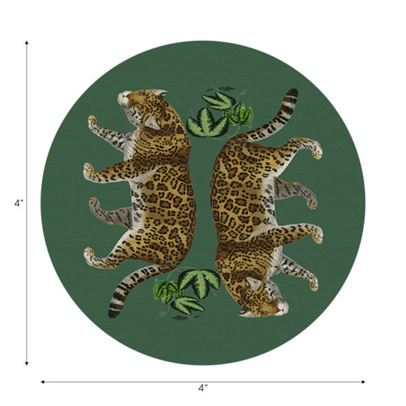 Leopard Seeing Double Vegan Leather Round Coasters, Evergreen
