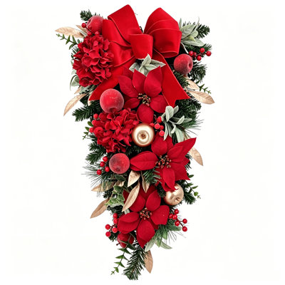 30" Pre-Decorated Farmhouse Christmas Door Swag – Teardrop Hanging Garland for Front Door, Wall & Mantel Holiday Decor - 30 inches