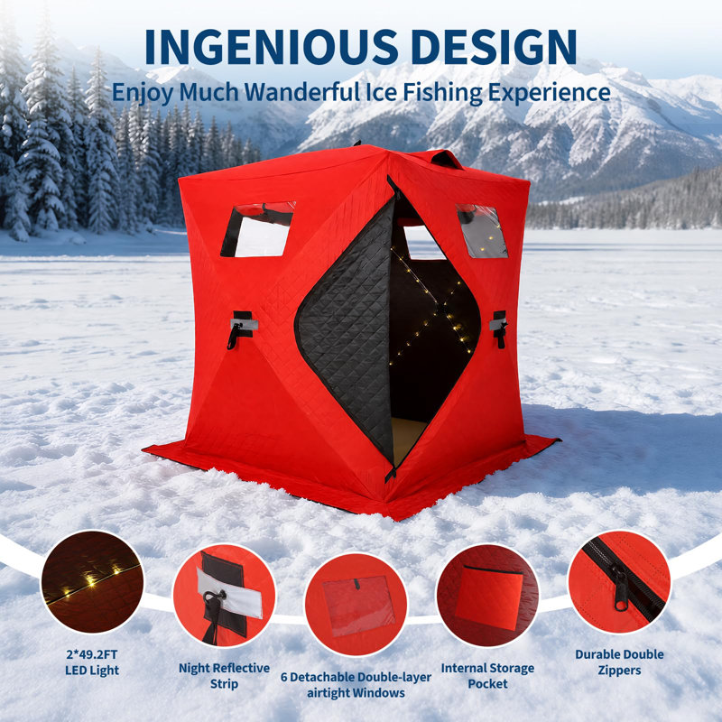 Abri de pêche sur glace isolé et pliable, rouge, 152 x 152 x 194 cm, pour 2 à 3 personnes, tissu thermique 210D, montage rapide, boîte lumineuse non électrique avec bande DEL, rouge