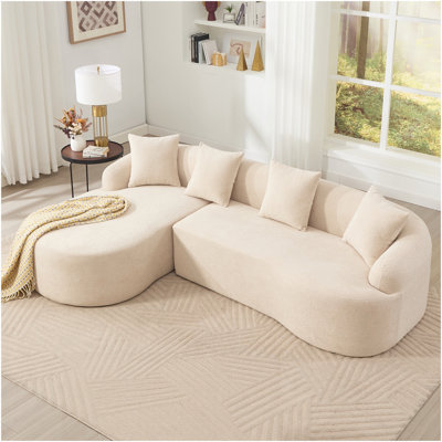 Boneless L-Shape Sectional Sofa With Curved Chaise,Beige White Modular Chenille Compression Couch,30D High-Density Foam,Minimalist Modular Couches Sleeper For Living Room Bedroom Apartment Lounge.