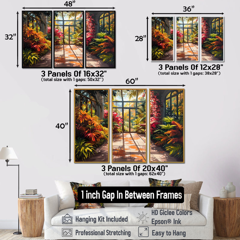«Greenhouse Tropical Treasure I» - ensemble de décoration murale serre, Toile avec cadre flottant brun