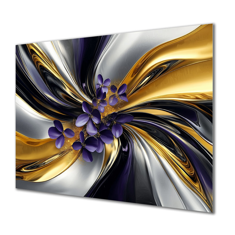 Fleurs abstraites sur un sprial doré et argenté - fleurs abstraites en métal, H 12 po x l 20 po