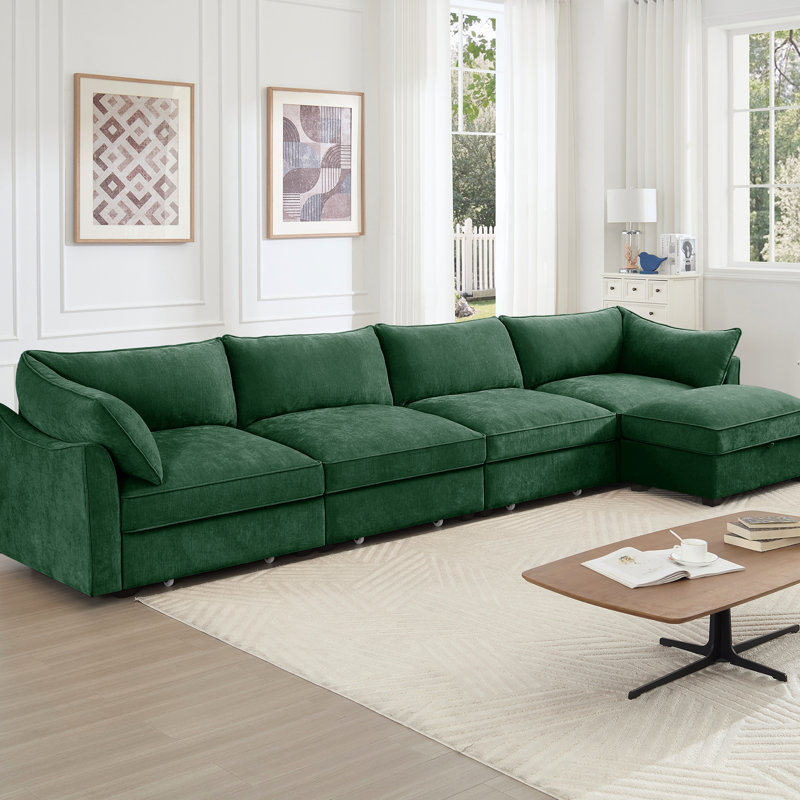 Chenille 4 places en L avec rangement mobile, enveloppant, en forme de croissant et escamotable pour les coussins de dossier et d'accoudoirs modernes en forme de croissant