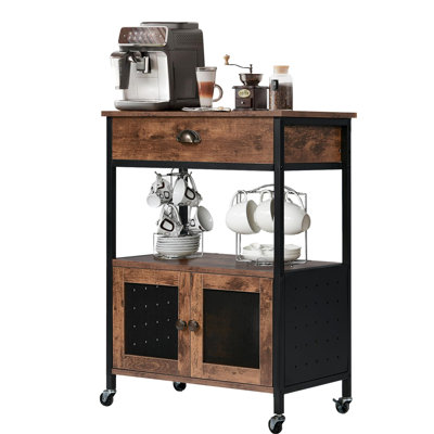 17 Stories Coffee Cart With Storage, Coffee Bar Cabinet On Wheels, Small Microwave Cart With Drawer For Kitchen, Living Room, (Rustic Brown)