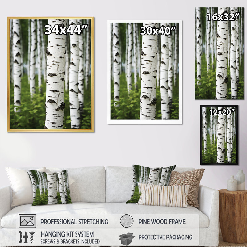 Bouleau blanc et vert Whispers III - Art mural grand bouleau, Cadre flottant blanc, H 40 po x l 30 po x P 1,5 po