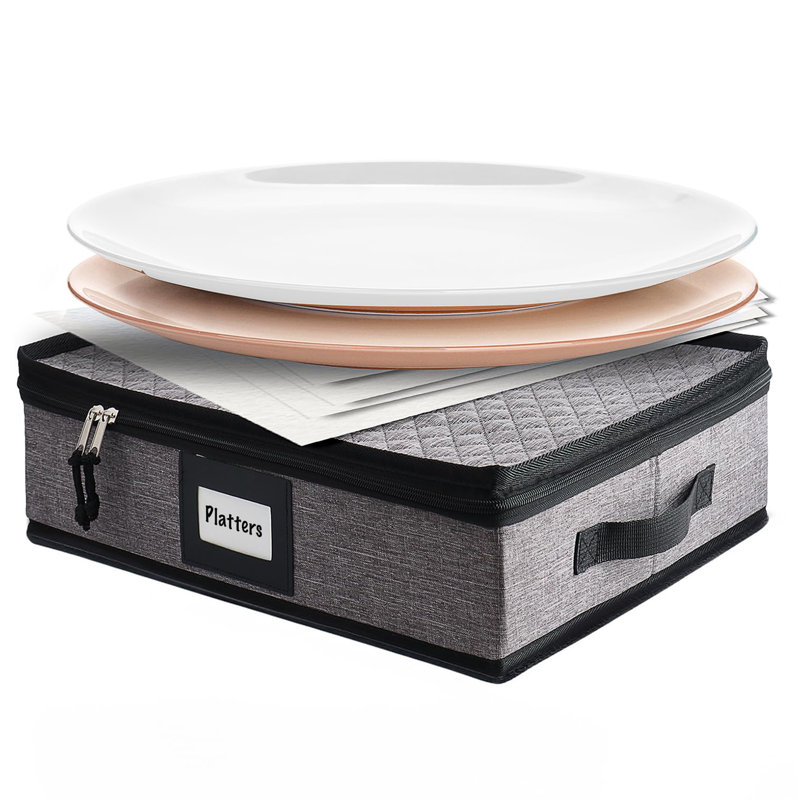 Platter Storage Case – Fine China Storage Containers Hard Shell, Quilted And Stackable 16”X 12.5”X 3.5” Platter Storage Container With Zipper, Handles And Felt Dividers For Moving And Seasonal Storage
