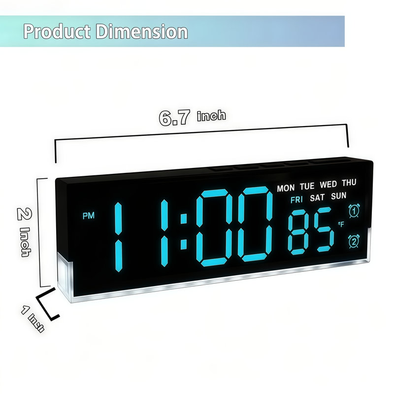 Réveil-matin numérique noir avec affichage à DEL bleu, double alarme, affichage de la température et de la semaine, gradation automatique de la luminosité et veilleuse