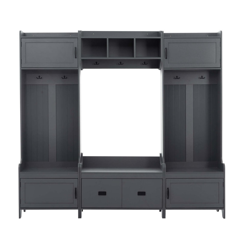 Taneiqua Hall Tree 78.7'' Wide with Bench 4-in-1 hall tree a hanging entrance shelf, a storage rack, 7 hangers and 4 lockers
