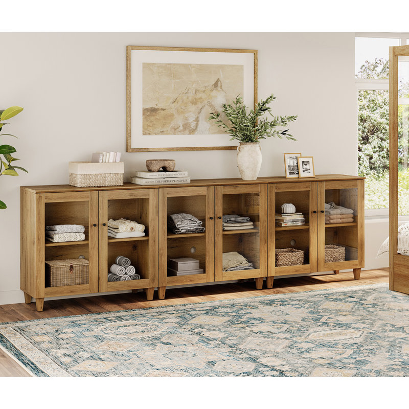 Meuble télé 3 en 1 avec portes en verre, console multimédia avec tablettes réglables et gestion des câbles, Brun chêne