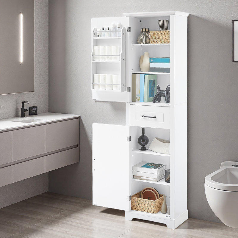 Grande armoire de rangement pour salle de bain, armoire de rangement autoportante avec deux portes et tablettes réglables, conception à étagère de porte, panneau de fibres à densité moyenne avec finition peinte
