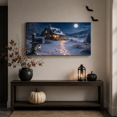 Maison en pierre enneigée sous la pleine lune avec toile murale lumineuse d'Halloween
