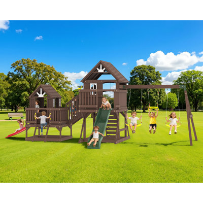 Grand ensemble de balançoires d'extérieur en bois de sapin avec tours doubles, glissade, balançoires, mur d'escalade et échelle - P 170,5 po x l 287,4 po x H 117 po, pour les enfants de 3 à 8 ans (garçons et filles)