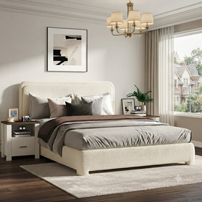Boucle Upholstered Platform Bed With Nightstand Set, Farmhouse Bedside Table With Storage Drawer And Open Wood Shelf, Rustic Bedroom Furniture