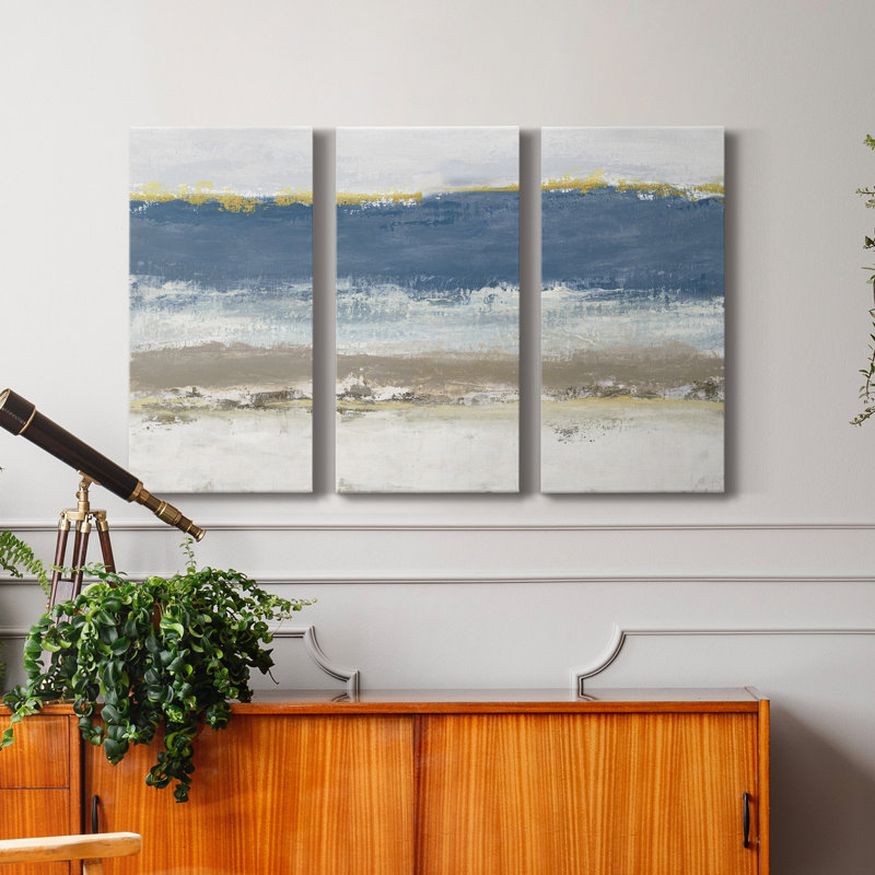 «Blue Skies», peinture sur toile tendue 3 pièces, H 27 po x l 54 po x P 1 po