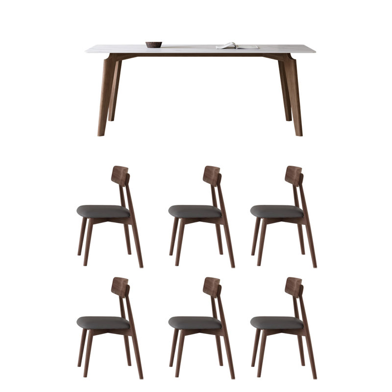 White ash stone table with oak chairs combo set, 29.52"H x 62.99"L x 33.46"W