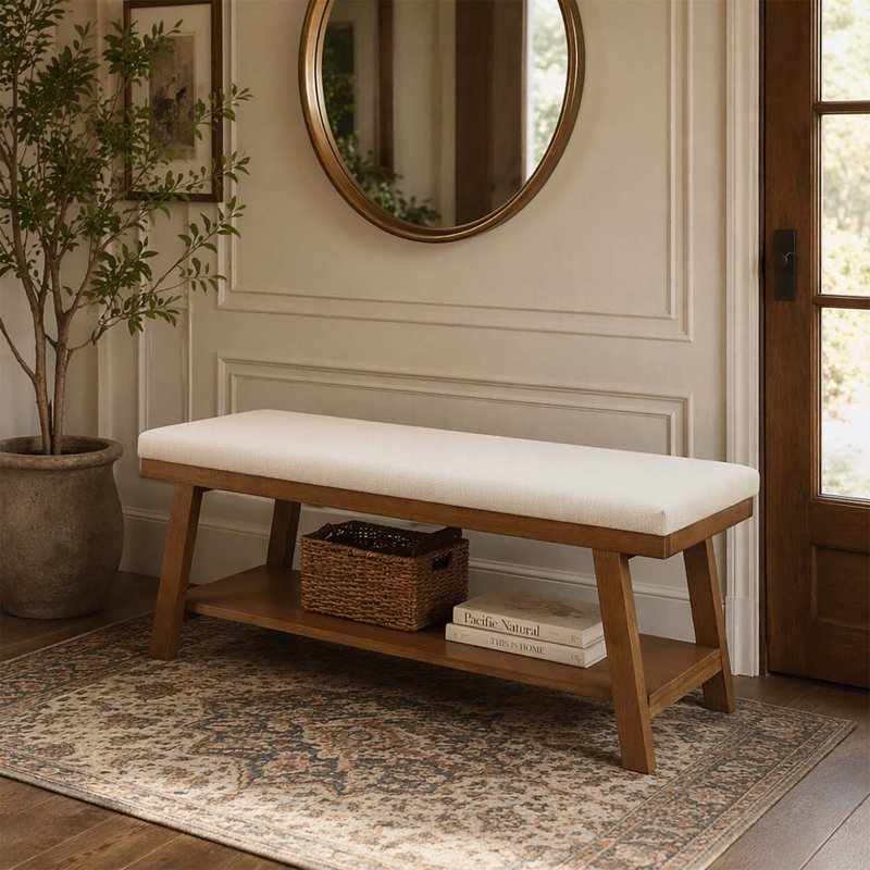 Banc rembourré avec tablette de rangement, Ivory+Brown