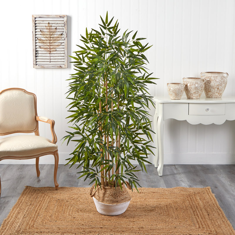 64'' Faux Bamboo Tree in Planter, Tan/White
