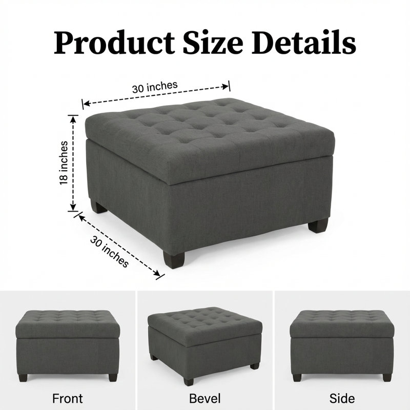 Repose-pieds de rangement contemporain en tissu avec couvercle capitonné et compartiment de rangement caché, Gris foncé