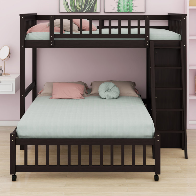 Lit superposé en bois avec 6 tiroirs, tablettes flexibles et lit à roulettes, Espresso