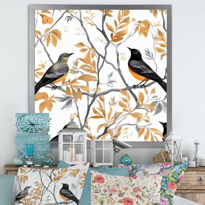 " Brown Black Birds On Trees ", Silver Single Picture Framed, 24" H x 24" W x 1" D