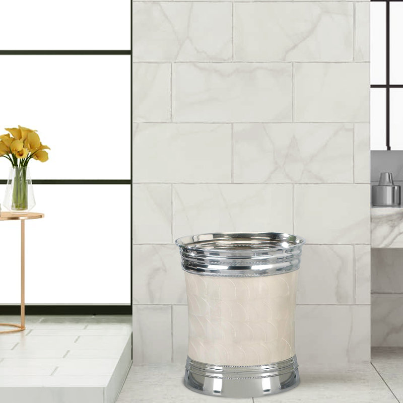 Polished Silver and Enamel Round Bathroom Wastebasket