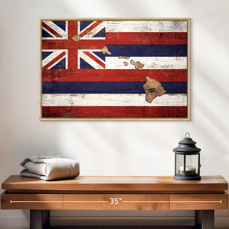 Carte d'État sur le drapeau d'Hawaï, 13 po x 9 po, Cadre flottant en bois naturel