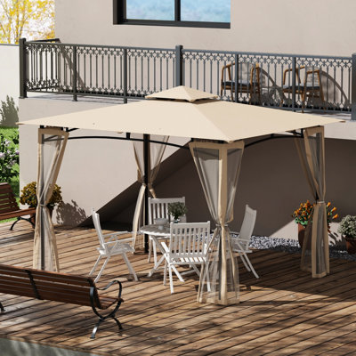 10' X 12' Patio Gazebo With Netting, Double Roof For Sun Protection, Spacious Garden, Lawn, Backyard, Deck, Beige Canopy Deck. Beige, Cycling Touring Spot, Metal