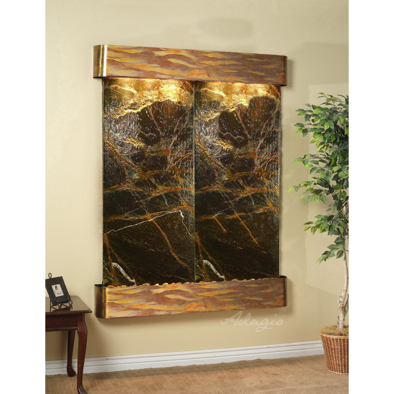 Majestic River Natural Stone Fountain with Light, Rustic Copper, Rainforest Green Marble