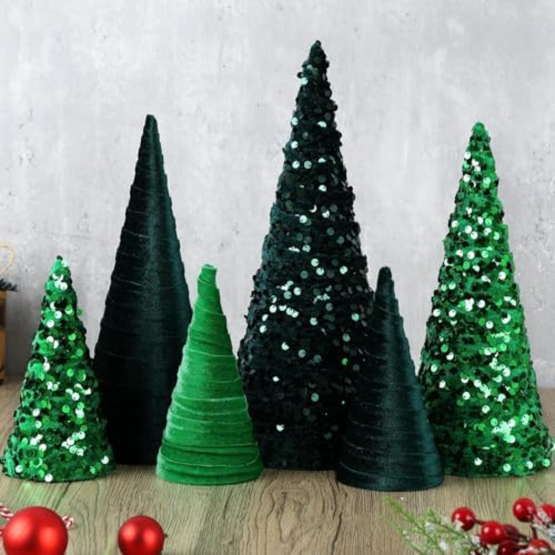 6 pièces 12 "10" 6 "décoration d'arbre de Noël vert Velet Cone Tree