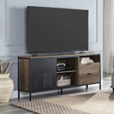 TV Stand With Two Drawers And Sliding Door, Rustic Oak And Black Finish