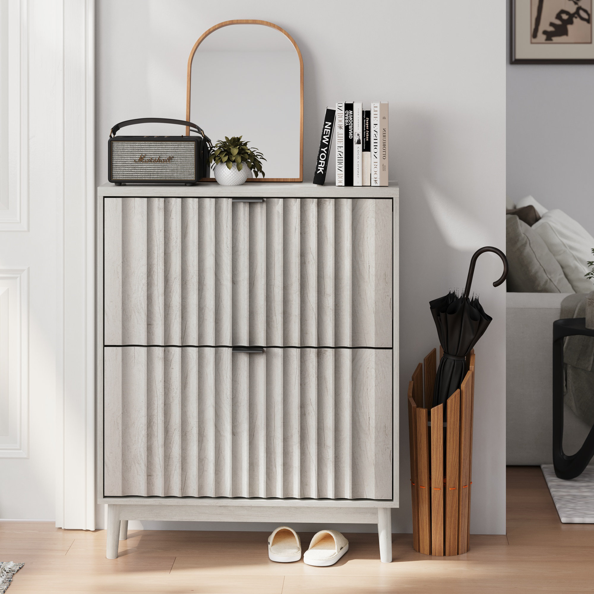 Wrought Studio Shoe Cabinet With 2 Flip Drawers, Fluted Shoe Storage ...