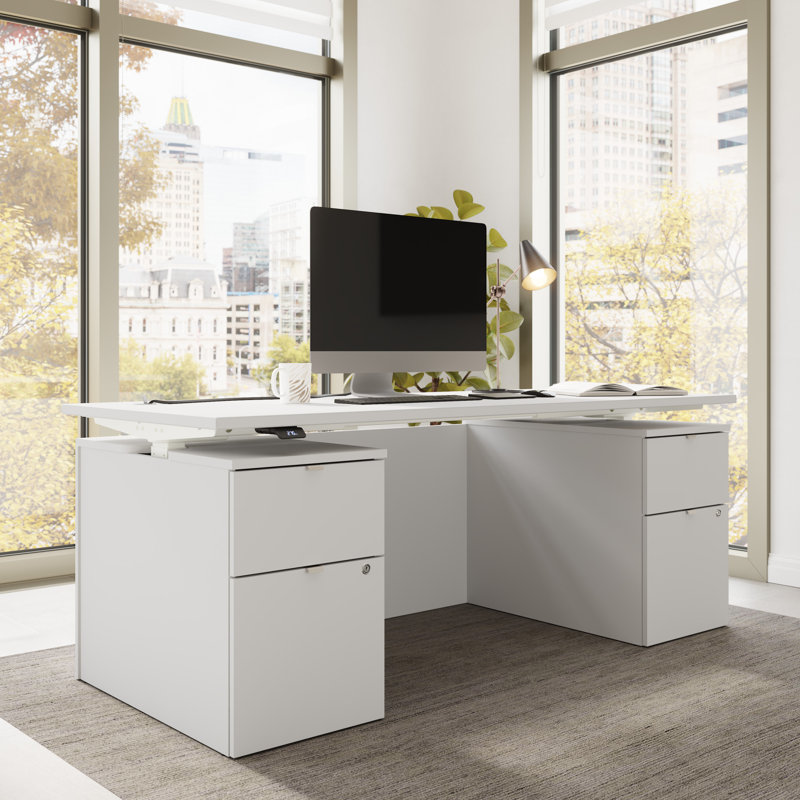 Bush Business Furniture Stratus 72W X 30D Electric Standing Desk With Drawers And Modesty Panel, White