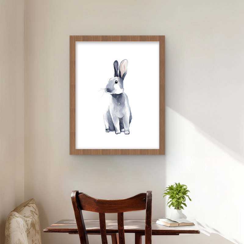 Gray Curious Rabbit - Framed Matted Print for Home Decor