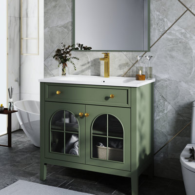 Meuble-lavabo de style Mid-Century, verre antique, éclairage à mouvement automatique, lavabo de meuble-lavabo facile à nettoyer de 36 pouces avec lumières à capteur intégrées et intégré pour une utilisation