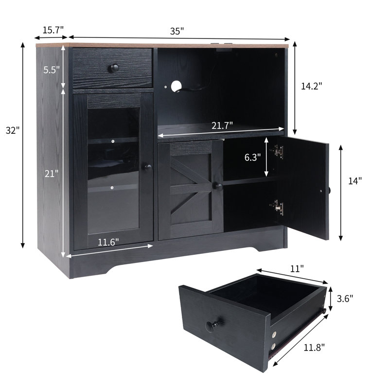 Alianne 35.4'' Narrow Sideboard Server Kitchen Food Pantry with Drawer, Microwave Cube and Outlet, Black/Brown