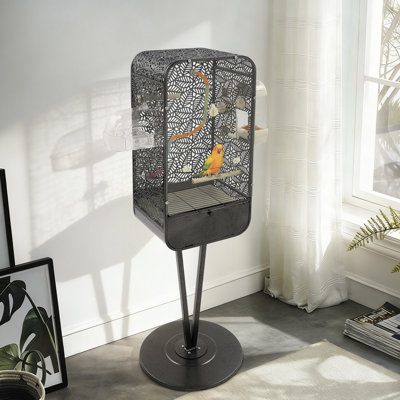 Bird Cage with Feeder Drinker and Bathing Box Freestanding Flight Cage with Stand for Small to Medium Birds