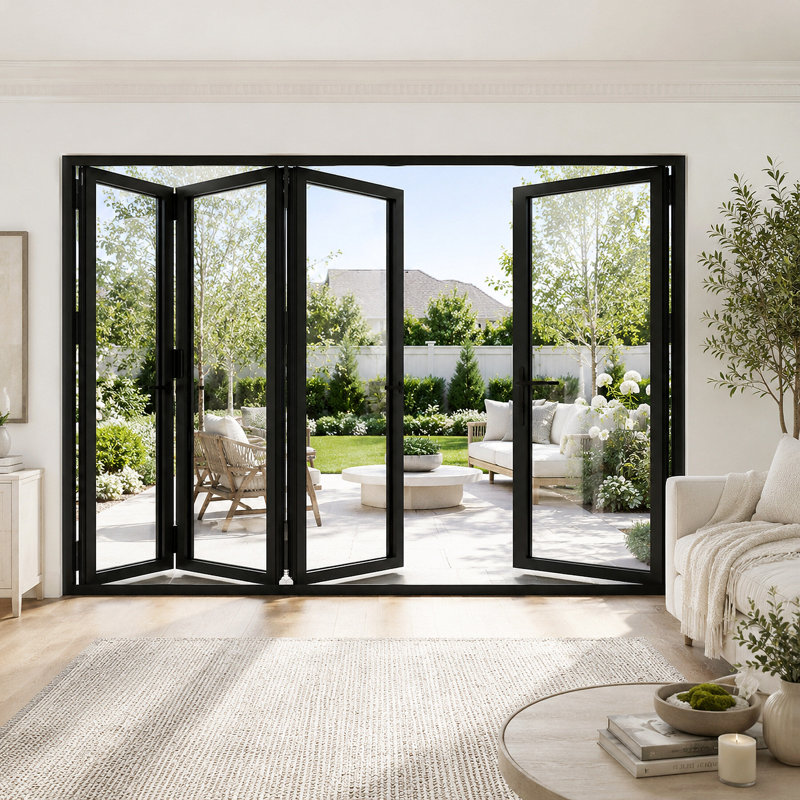 Porte pliante noire l 120 po x H 80 po en verre pliable pliable à droite en aluminium (3 + 1), Standard, Côté droit