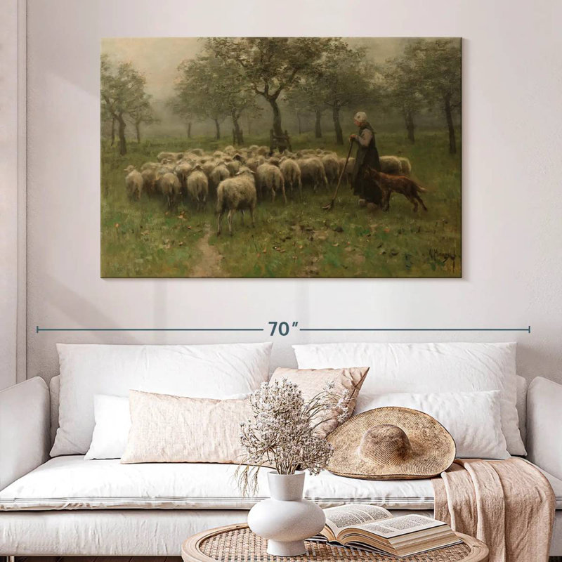 Bergère avec un troupeau de moutons, H 34 po x l 51 po