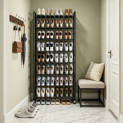 Tall Shoe Rack, 8-Tier Shoe Organizer with Lockable Wheels, Double-Sided Vinyl Mesh Shelves for Entryway, Closet, Hallway, Holds Up to 60 Pairs, Black