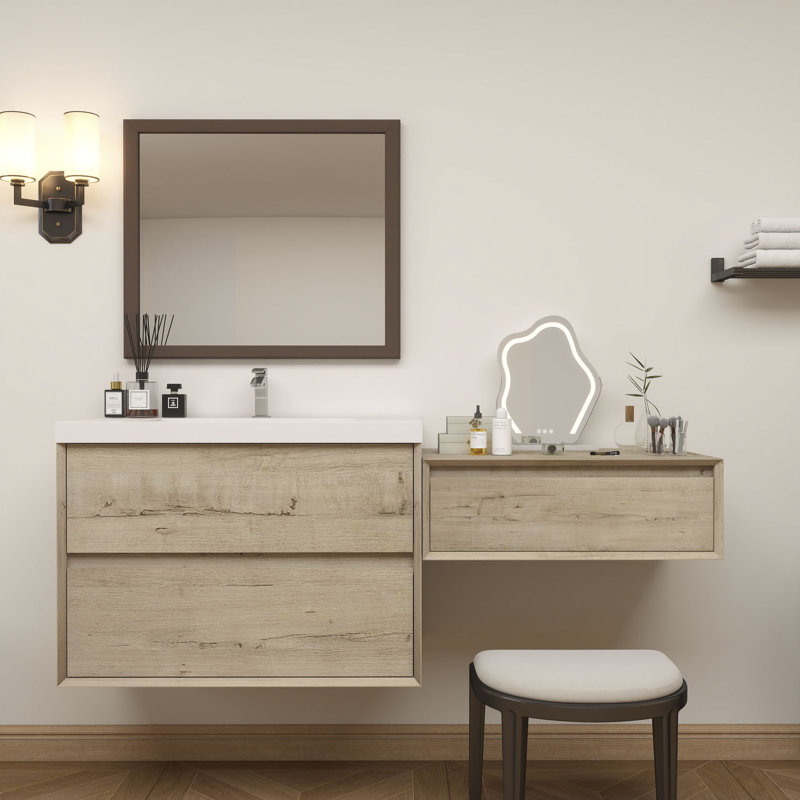 Meuble-lavabo mural Aliki avec évier en acrylique renforcé, Chêne clair, 77"