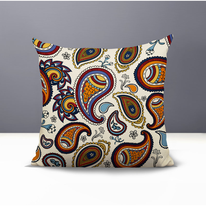 Coussin intérieur / extérieur réversible Hema Paisley, Carré 15 po, Orange / rouge / bleu