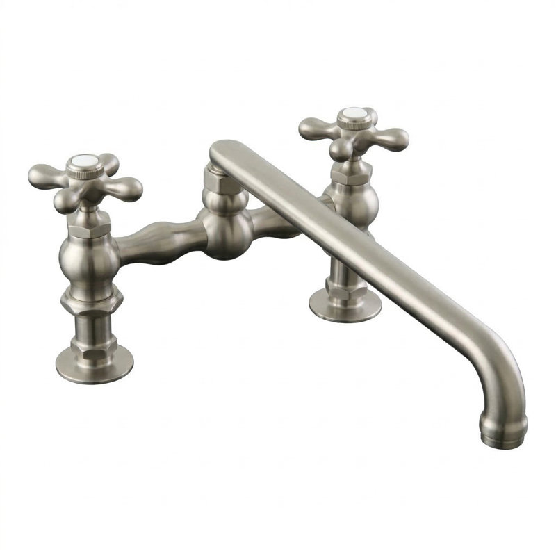 Robinet de cuisine P0831 à fixation sur plateau 6 po, centre 8 po avec bec pivotant et poignées en croix Columbia, Nickel mat