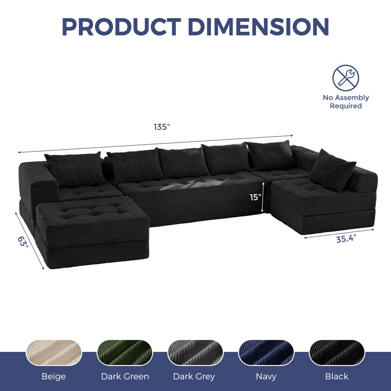 Boneless U Shaped Modular Sectional Sofa Couch, 15" H x 135" W x 63" D, Black Corduroy