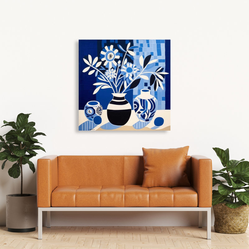 Vases bleus - Toile abstraite illustrative pour la décoration intérieure, H 36 po x l 36 po