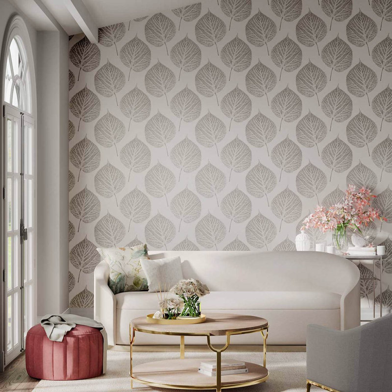 Leaf 10.05m x 52cm Wallpaper Roll, Chalk/Silver
